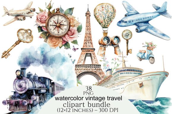 Download Watercolor Vintage Travel Clipart Bundle - Art Collection
