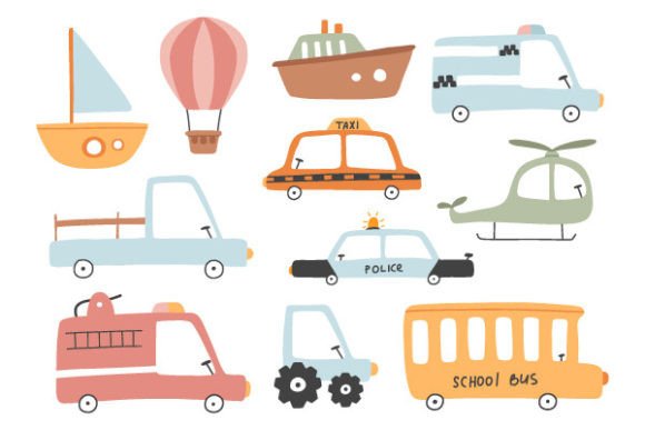 Download Cute Transport Set, Cartoon Cars Icons - Art Collection