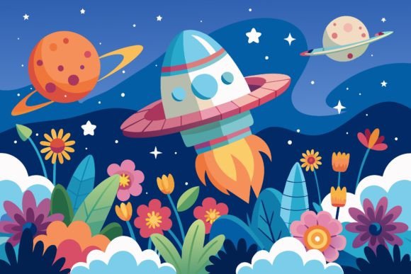 Download Spaceship Sky Cartoon with Flowers on a - Art Collection