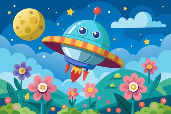 Download Spaceship Sky Cartoon with Flowers on a - Art Collection