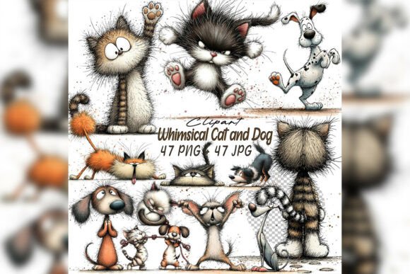 Download Whimsical Cat &amp; Dog Friends Clipart Set - Art Collection