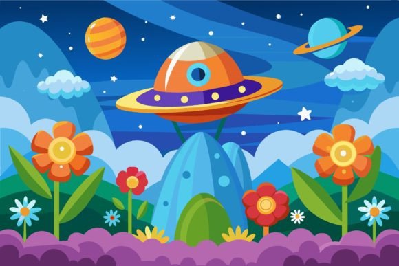 Download Spaceship Sky Cartoon with Flowers on a - Art Collection